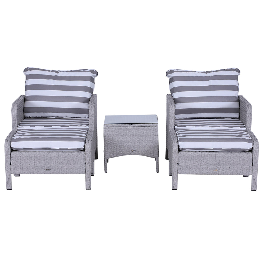 5 Pieces PE Rattan Garden Furniture Set with 10cm Thick Padded Cushions, Wicker Weave Outdoor Seating Chairs with 2 Armchairs, 2 Stools, Glass Top Table, Grey and White