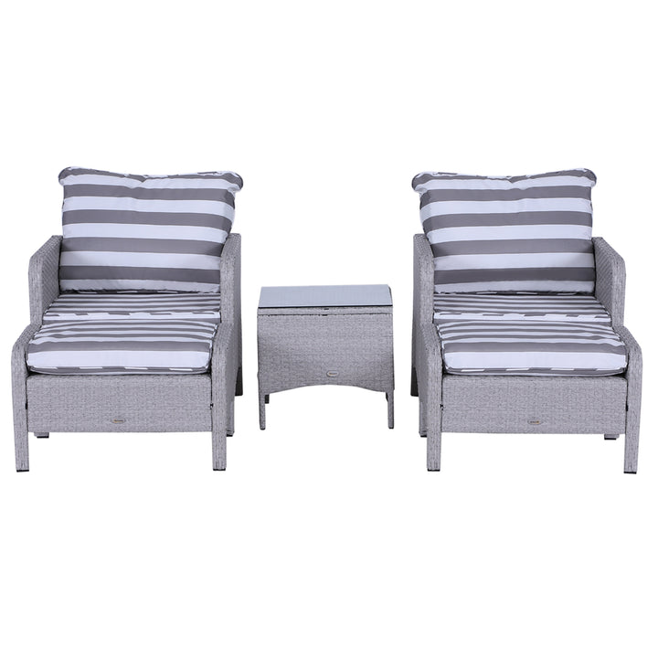 5 Pieces PE Rattan Garden Furniture Set with 10cm Thick Padded Cushions, Wicker Weave Outdoor Seating Chairs with 2 Armchairs, 2 Stools, Glass Top Table, Grey and White
