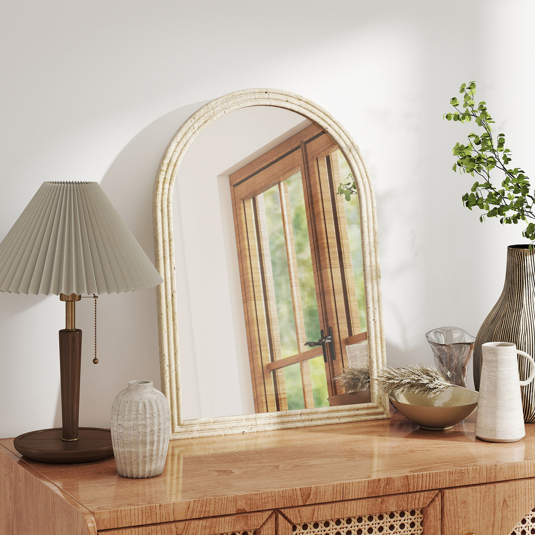 Arched Wall Mirror with Grooved Edge &amp; Hooks, Wall-Mounted Mirror, Mod