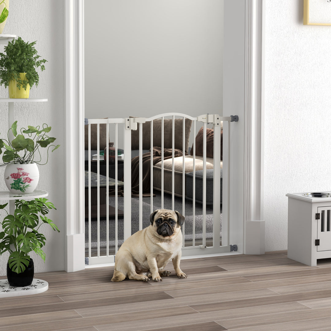 PawHut Adjustable Safety Pet Gate, Metal, Auto-Close Feature, Pressure Mount, 74-94cm, White | Aosom UK