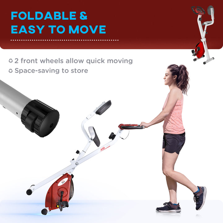 Folding Exercise Bike, Fitness Bicycle Indoor Trainer, 8-Level Magnetic Resistance Adjustable, with LCD Monitor, Pulse Sensor, Red