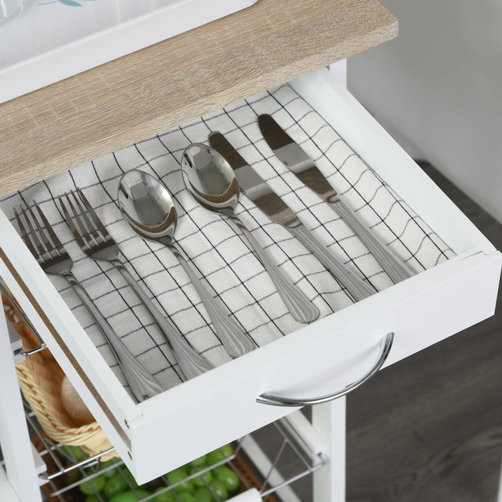 Rolling Kitchen Cart, Utility Storage Cart with 4 Basket Drawers & Side Racks, Wheels for Dining Room, Natural and White