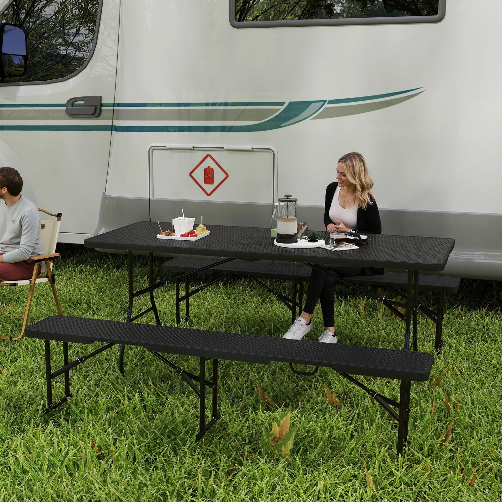 Folding Picnic Table and Bench Set, Rattan Effect Portable Camping Table and Chairs with Carrying Handles for Indoor Outdoor, Dining, Camping, Picnic, BBQ, Party, Black