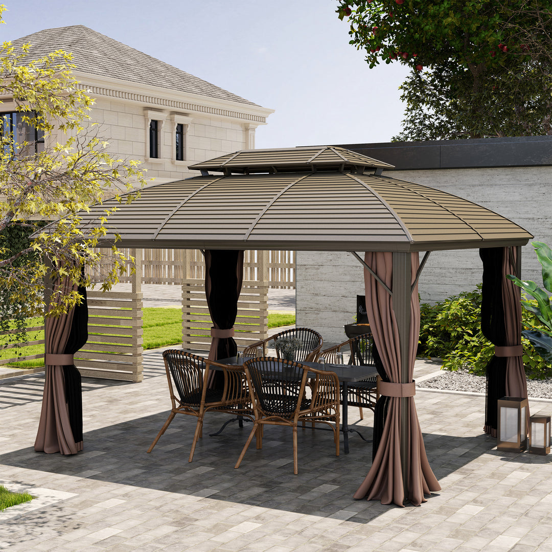 3.65 x 3(m) Hardtop Steel Gazebo Canopy with Aluminium Frame, Double Roof, Net Sidewalls and Curtains, Coffee