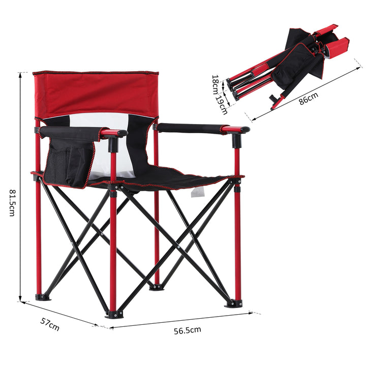 Folding Fishing Camping Chair Portable Picnic Armchair Director Seat Oxford Metal Frame with Cup Holder, Phone Pocket - Red