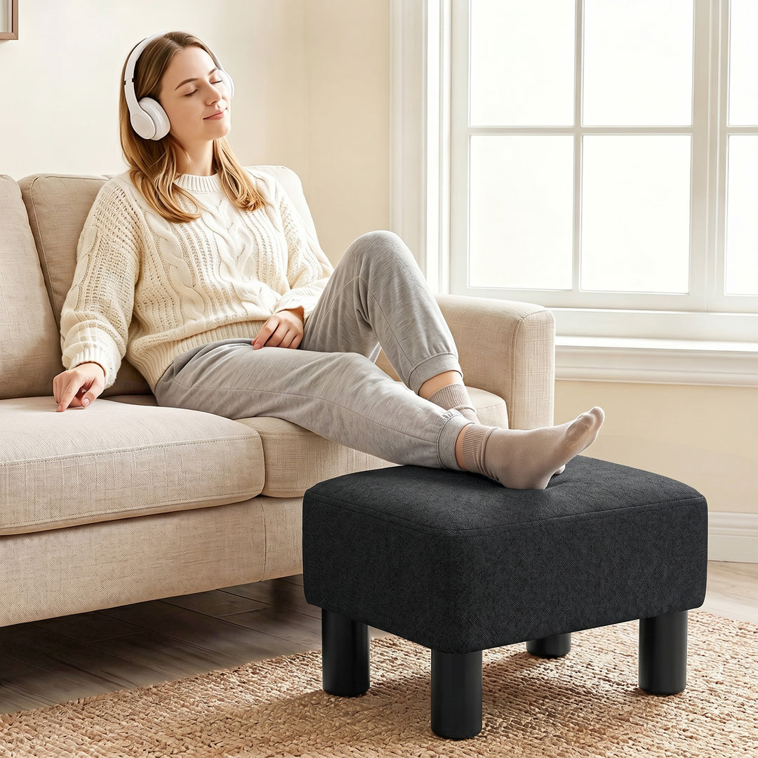Linen Fabric Footstool Ottoman Cube with 4 Plastic Legs, Black