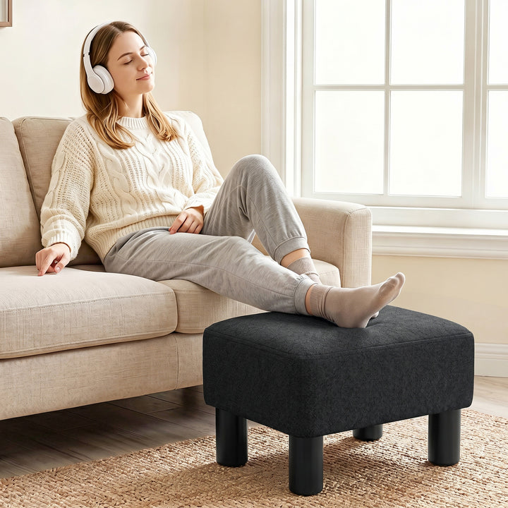 Linen Fabric Footstool Ottoman Cube with 4 Plastic Legs, Black