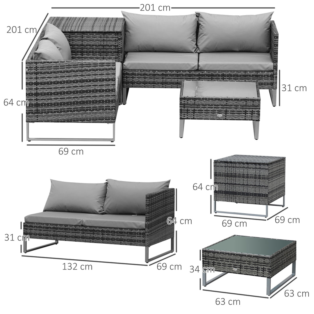 MCL 4pc Garden Rattan Wicker Outdoor Furniture Patio Corner Sofa Love Seat and Table Set  with Cushions Side Desk Storage, Mixed Grey