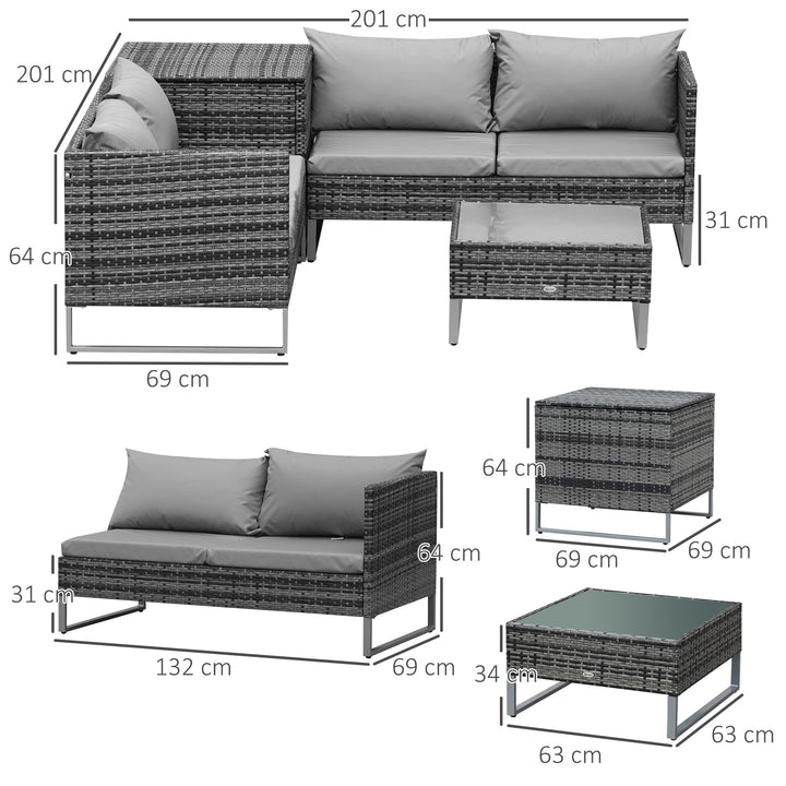 MCL 4pc Garden Rattan Wicker Outdoor Furniture Patio Corner Sofa Love Seat and Table Set  with Cushions Side Desk Storage, Mixed Grey