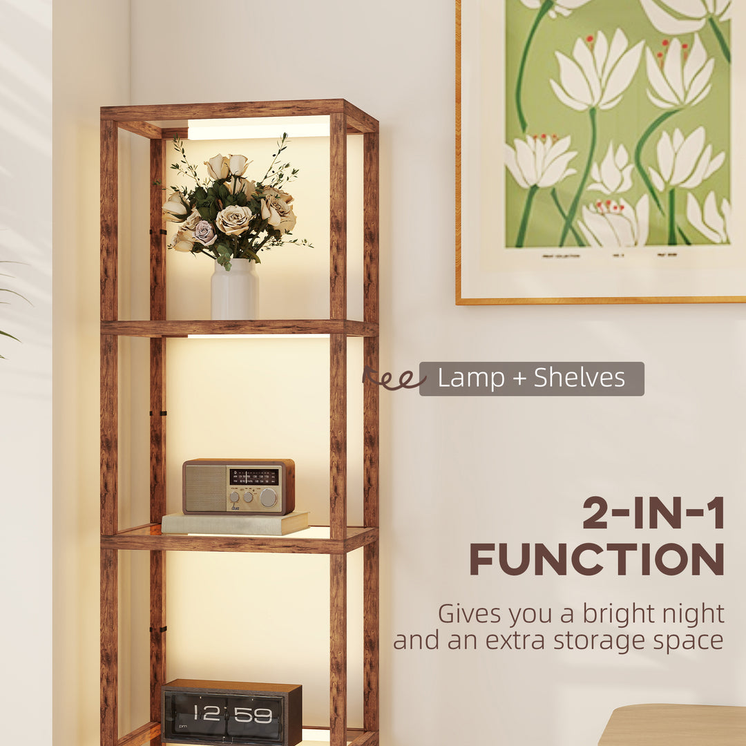 LED Floor Lamp with Glass Shelves, 4 Layers Dimmable Tall Standing Lamp, Modern Column Shelf Floor Light for Living Room, Bedroom, Office, Rustic Brown