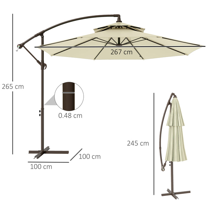2.7m Garden Banana Parasol Cantilever Umbrella with Crank Handle, Double Tier Canopy and Cross Base for Outdoor, Hanging Sun Shade, Beige