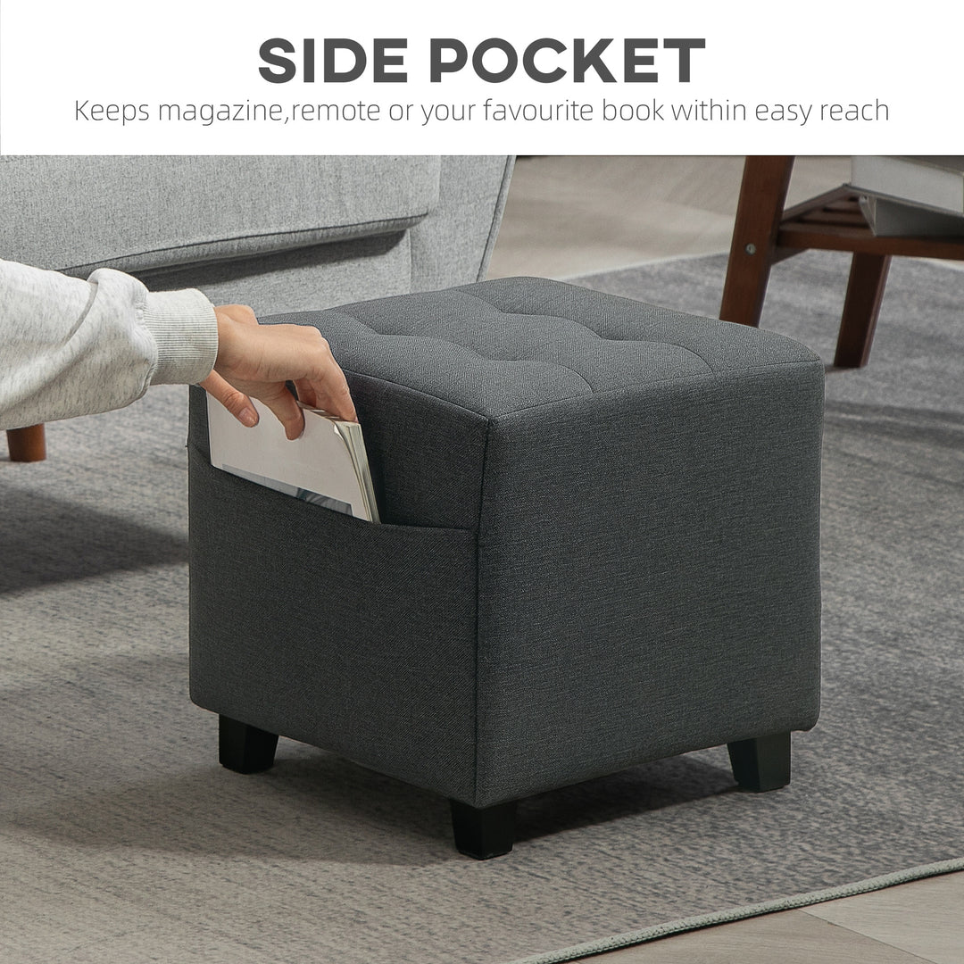 Square Footstool, Small Ottoman with Side Pocket, Linen Fabric Footrest Foot Stool with Rubber Wood Legs and Padded Seat for Living Room, Bedroom, Entryway, 35 x 35 x 35cm, Grey