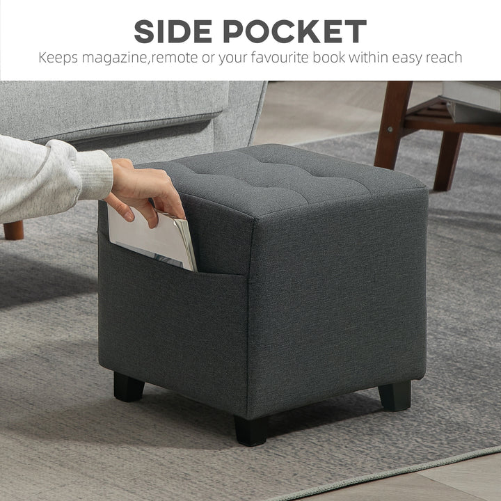 Square Footstool, Small Ottoman with Side Pocket, Linen Fabric Footrest Foot Stool with Rubber Wood Legs and Padded Seat for Living Room, Bedroom, Entryway, 35 x 35 x 35cm, Grey