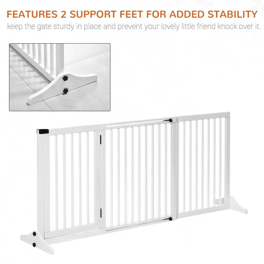 PawHut Adjustable Wooden Pet Gate Freestanding Dog Barrier Fence Doorway 3 Panels Safety Gate w/ Lockable Door White 71H x 113-166W cm | Aosom UK