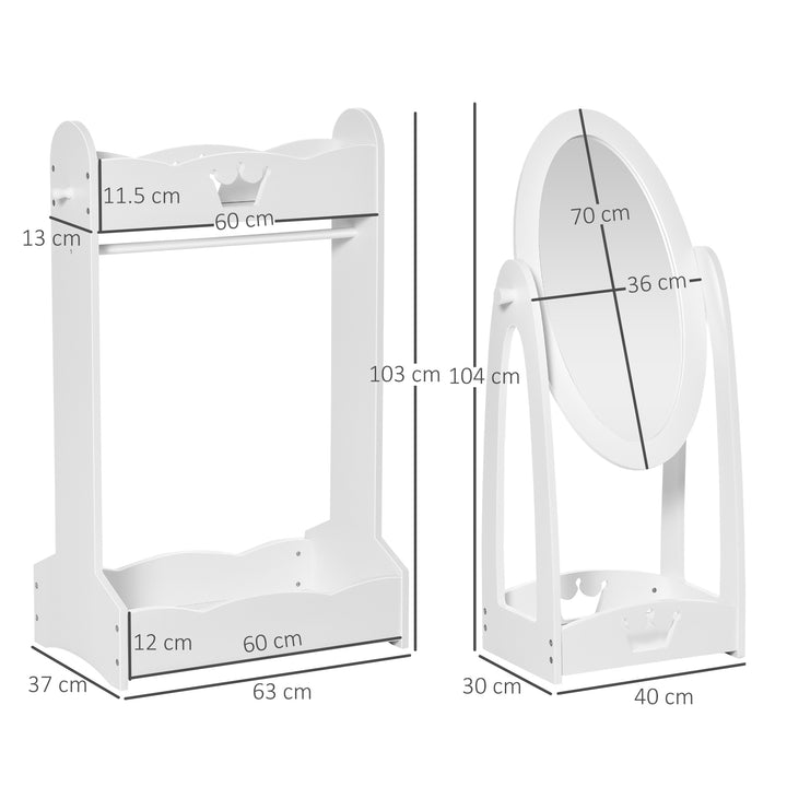 Kids Clothes Rail and Mirror Set 360° Rotation Free Standing Full Length Mirror and Hanging Rack with Storage Shelves Child's Dressing Mirror Garment Wardrobe White