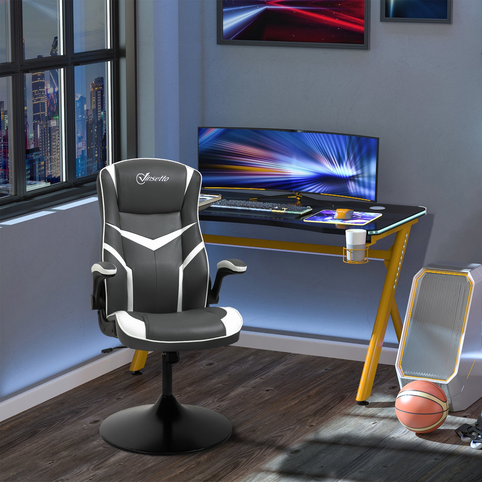Gaming Chair Ergonomic Computer Chair with Adjustable Height Pedestal Base, Home Office Desk Chair PVC Leather Exclusive Swivel Chair Grey
