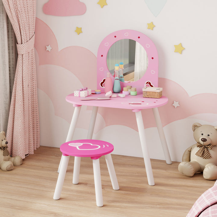 Kids Dressing Table with Mirror and Stool, Girls Vanity Set for Kids Room, Bedroom, Nursery, for Ages 3–6 Years