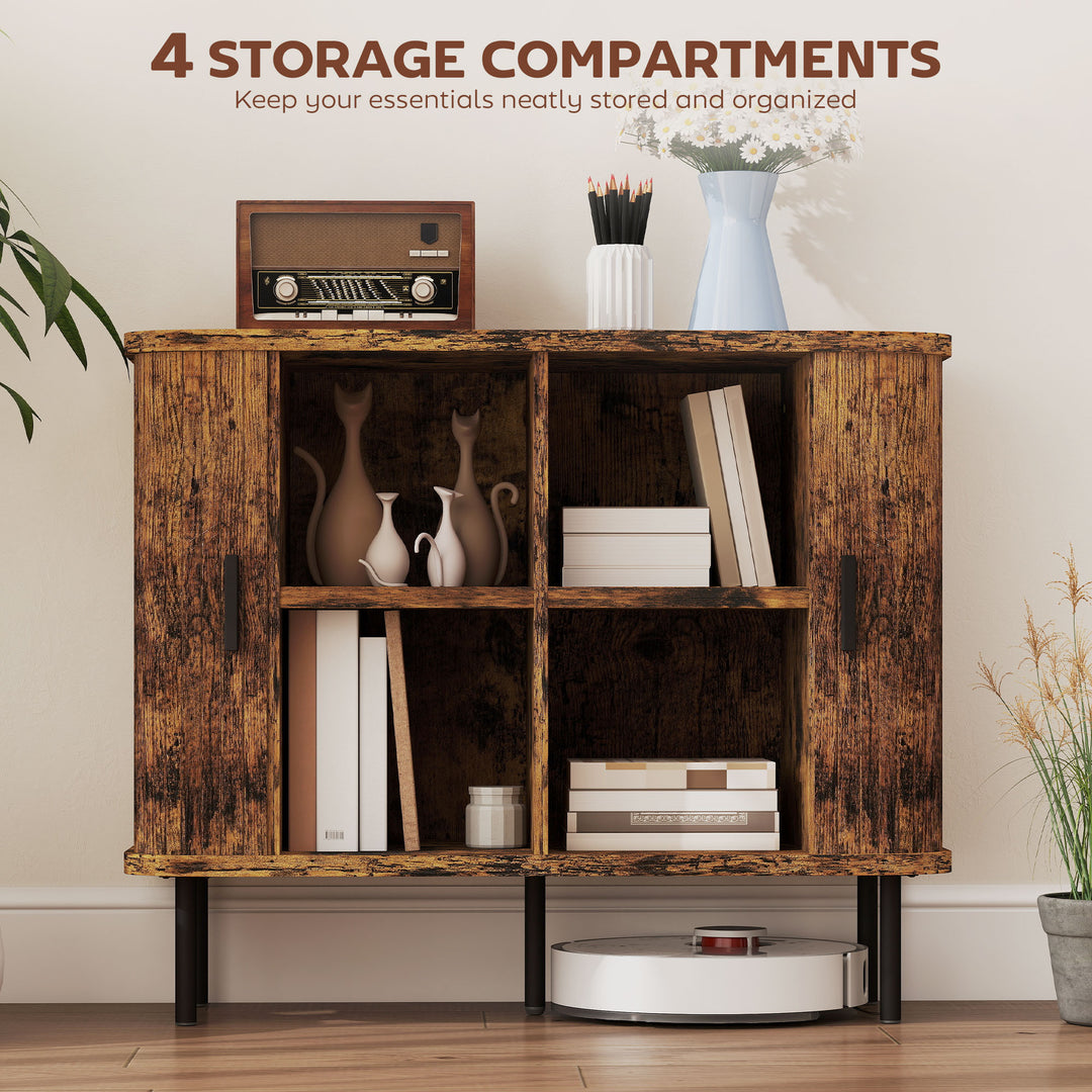 Mid-Century Modern Sideboard Storage Cabinet with Slatted Tambour Sliding Doors, Kitchen Cabinet with Steel Legs, Rustic Brown