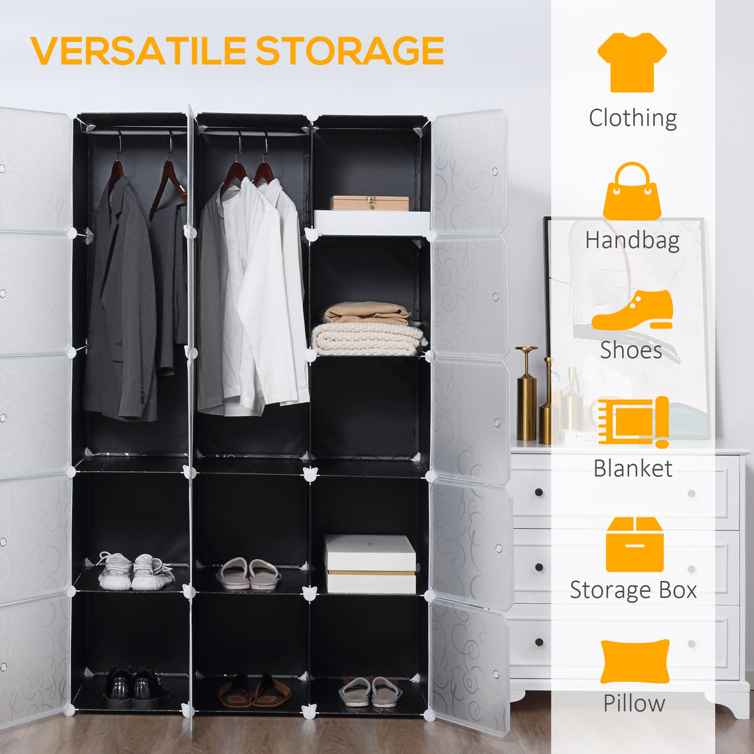 MCL Portable Wardrobe for Bedroom, 15 Cube Closet with Hanging Rail, Modular Storage Cabinet, Plastic Armoire for Space Saving, White and Black