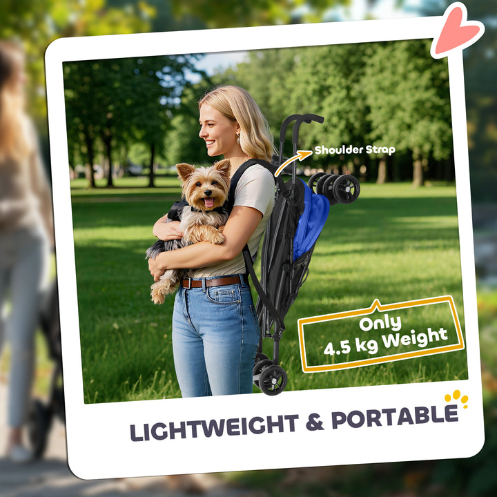 Foldable Dog Stroller, Lightweight Dog Pram w/ Shoulder Strap, Storage Bag, Cup Holder, Dark Blue