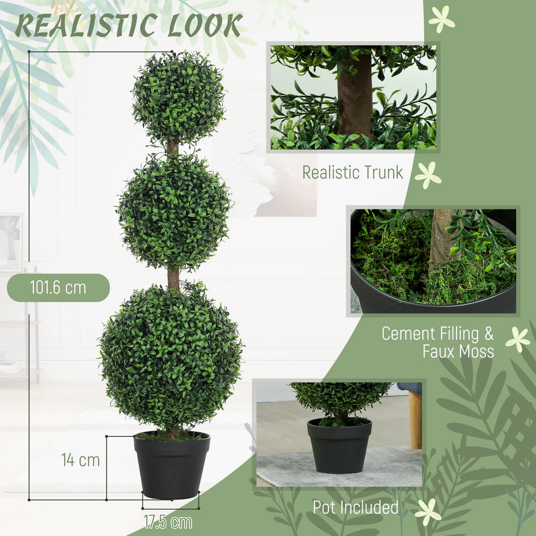 Set of 2 Decorative Artificial Trees, Topiary Ball-shaped Boxwood Trees in Pot, Fake Plants for Home Indoor outdoor Decor, 100cm, Green