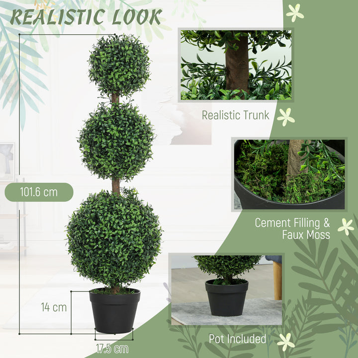 Set of 2 Decorative Artificial Trees, Topiary Ball-shaped Boxwood Trees in Pot, Fake Plants for Home Indoor outdoor Decor, 100cm, Green