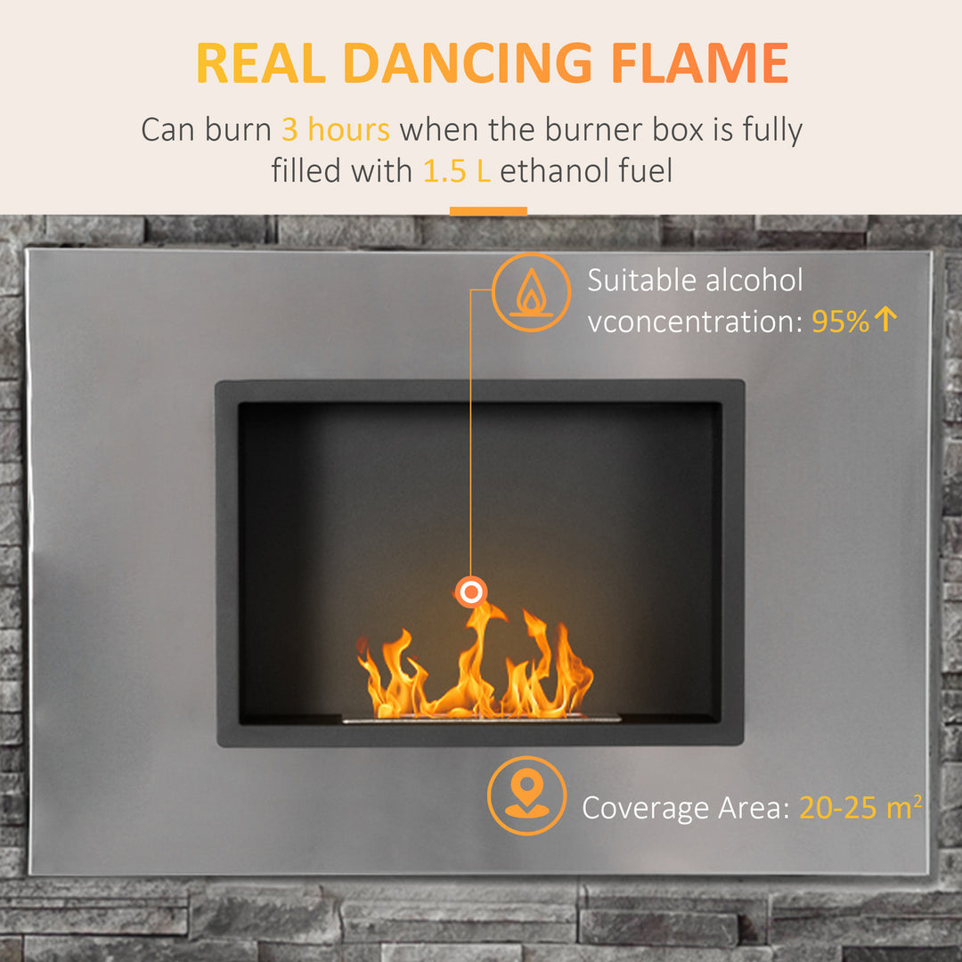 HOMCOM Wall Mounted Ethanol Fireplace, Stainless Steel Bioethanol Heater Stove Fire with 1.5L Tank, 3 Hour Burning Time, Silver