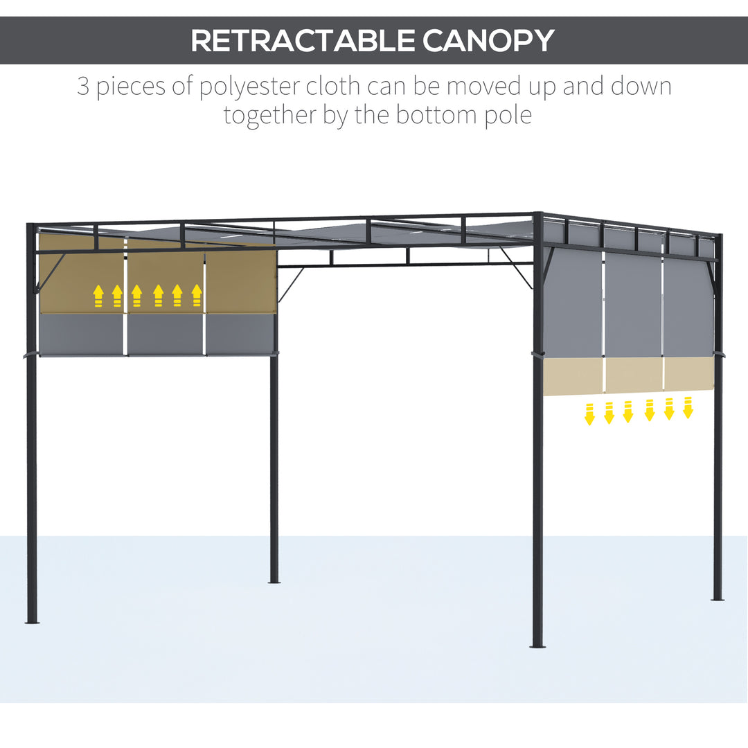 Outsunny 3 x 3(m) Steel Pergola Gazebo Garden Shelter with Retractable Roof Canopy for Outdoor, Patio, Dark Grey