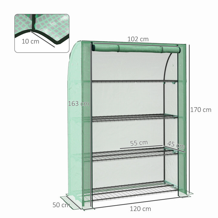 4 Tier Mini Greenhouse with Reinforced PE Cover, Portable Indoor Outdoor Green House with Roll-up Door and Wire Shelves, 170H x 120W x 50Dcm, Green
