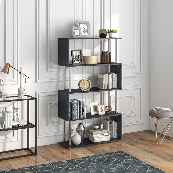 S Shape Bookcase, 5 Tiers Bookshelf, Modern Freestanding Storage Shelf for Home Office, Study, Living Room, 80 x 30 x 145cm Black