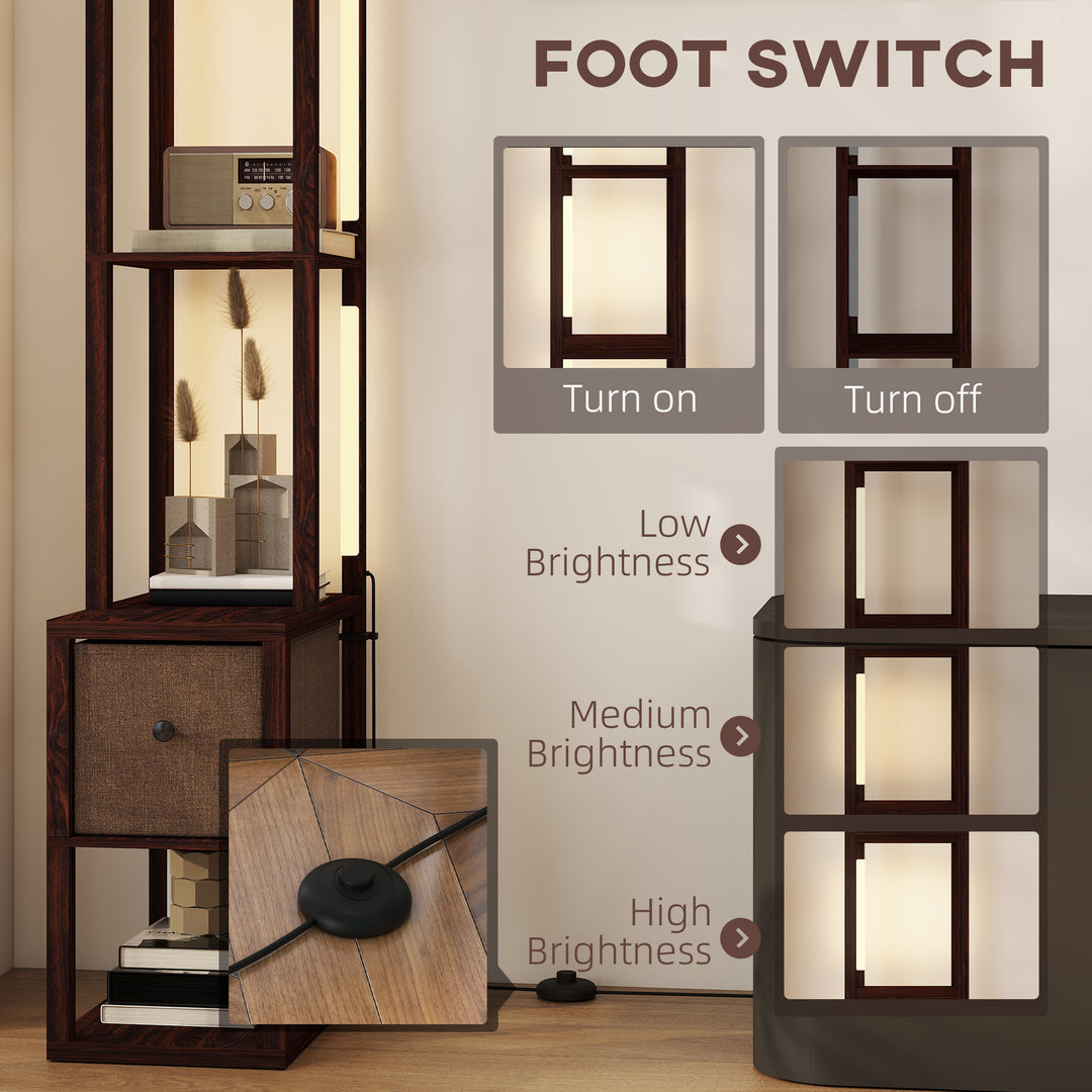 Floor Lamp with Shelves, LED Column Modern Standing Lamp with Fabric Drawer, Adjustable Brightness, Foot Switch for Living Room, Bedroom, Office, Dark Brown