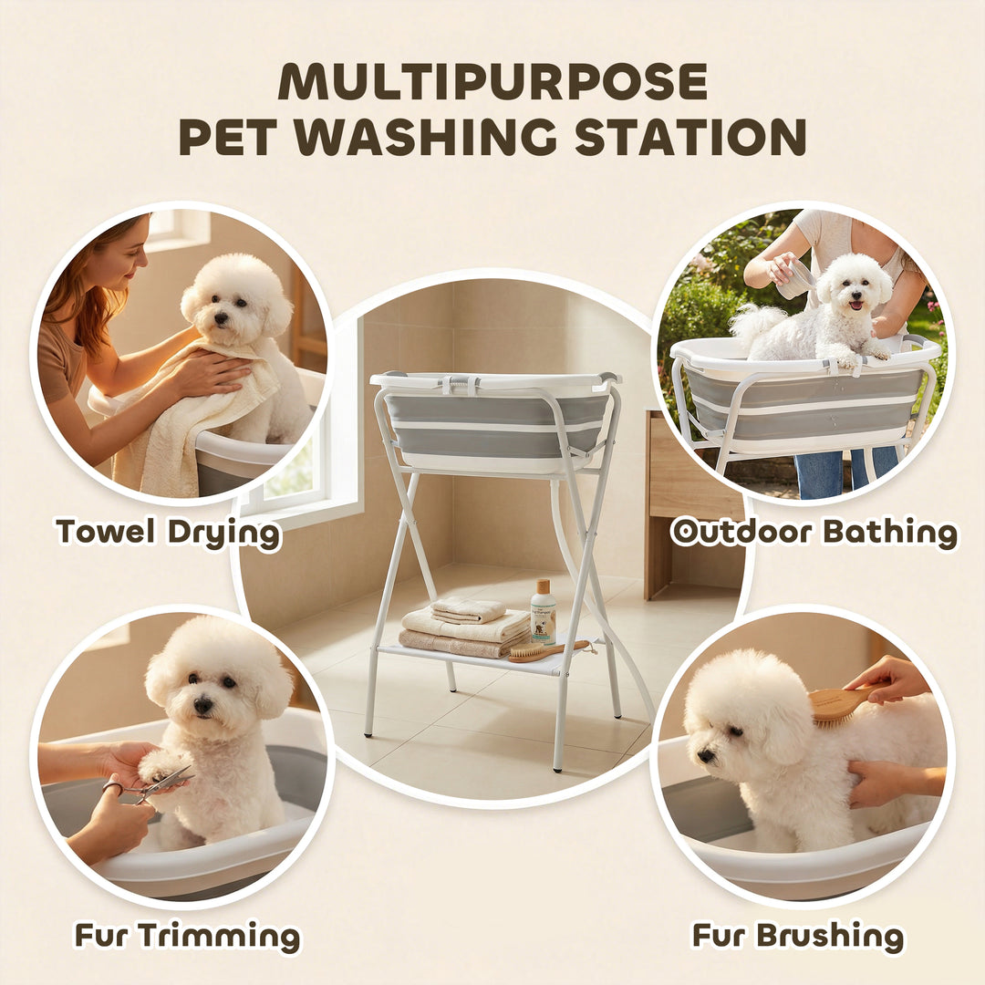 Dog Bath Tub, Portable Foldable Dog Bathtub with Stand, Drainage Hole,
