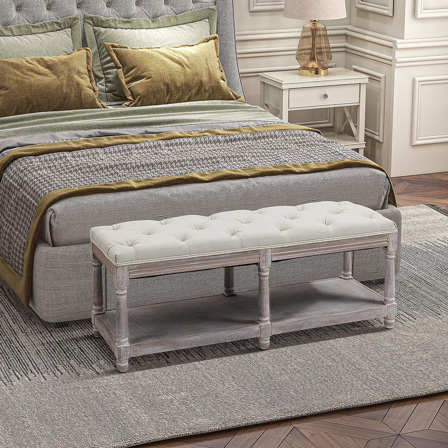 2-Tier Bed End Bench, Vintage Stool, Wooden Window Seat with Storage Shelf, Button Tufted Upholstered Footstool for Living Room, Bedroom, Entryway, Cream White