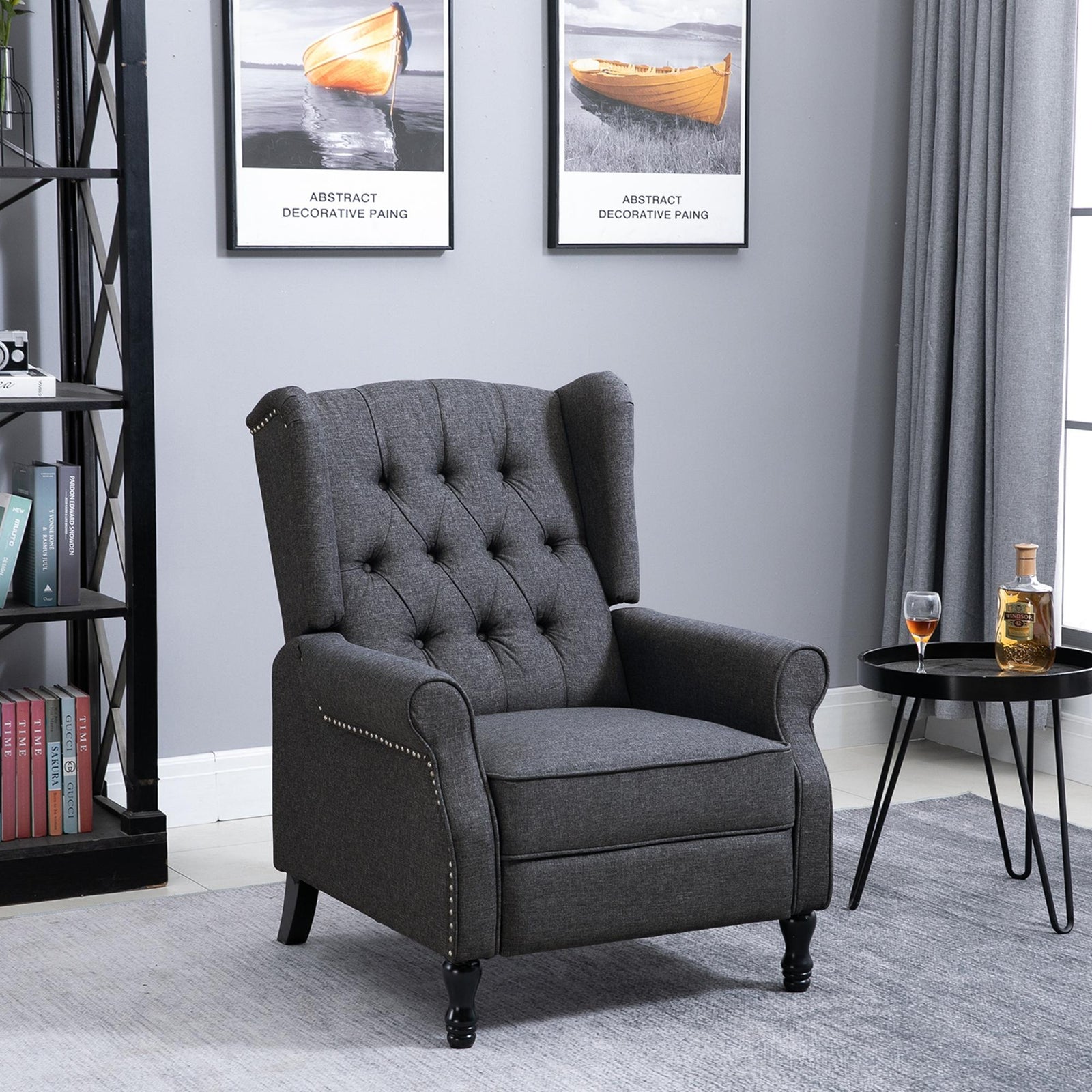 Recliner Armchair, Vintage Reclining Chair with Nail Head Trim, Wingback Chair with Button Tufted Back and Footrest, for Living Room, Dark Grey