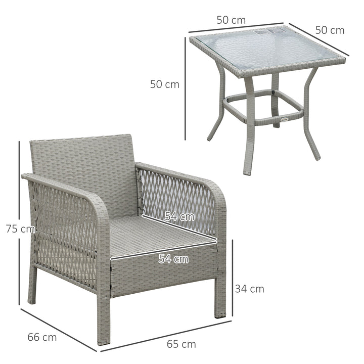 3 Pieces Rattan Bistro Set with Glass Top Coffee Table, Chairs and Cushions for Outdoor, Patio, Balcony, Grey