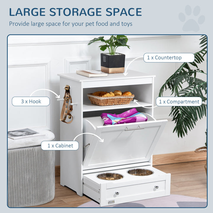 PawHut Pet Feeding Station with Storage, Elevated Dog Bowls & Hanger, Food Container Cabinet, White