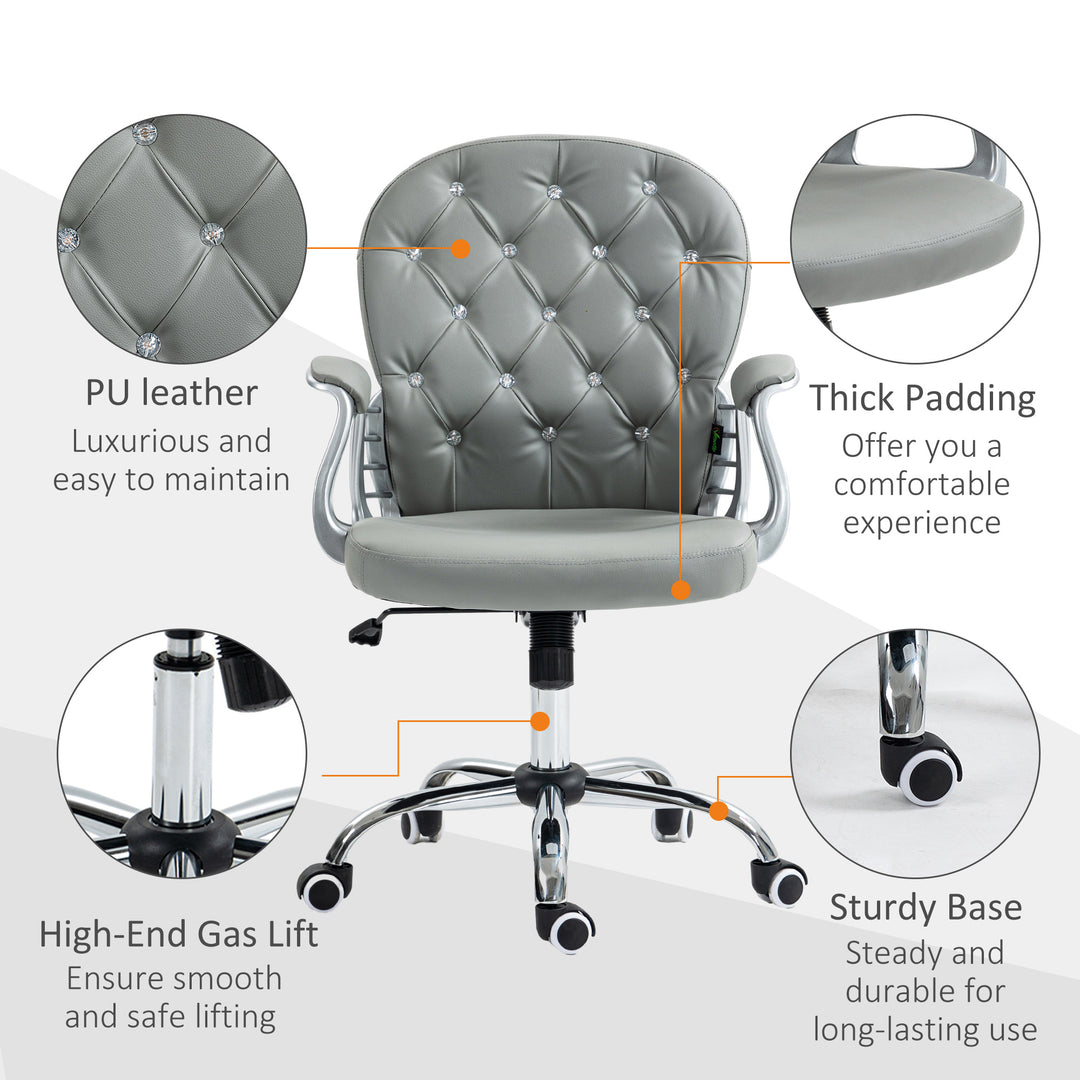 Office Chair Ergonomic 360° Swivel PU Diamante Padded Base 5 Castor Wheels for Home Work Grey