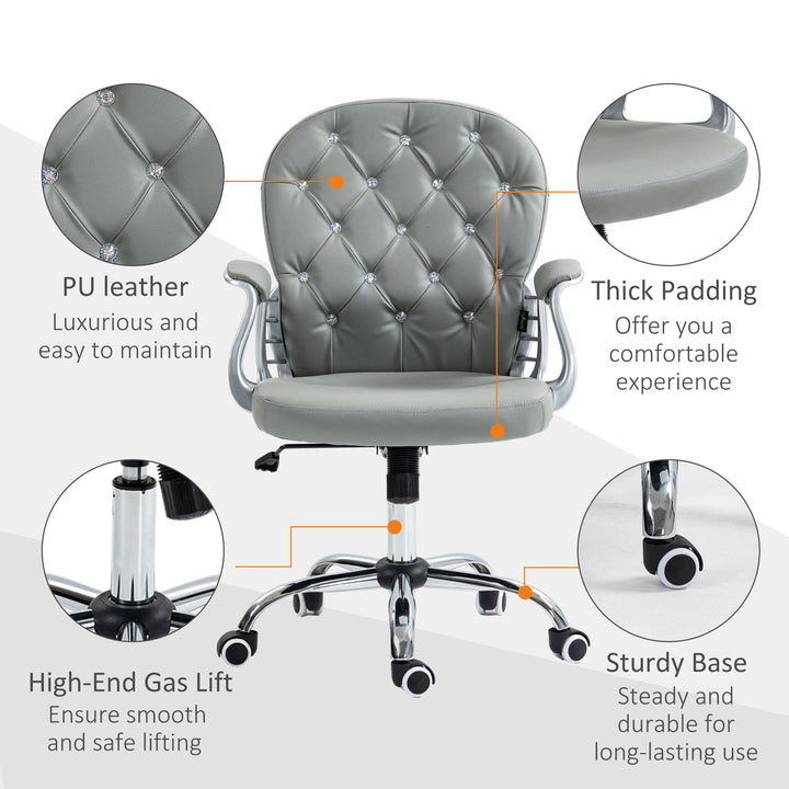 Office Chair Ergonomic 360° Swivel PU Diamante Padded Base 5 Castor Wheels for Home Work Grey