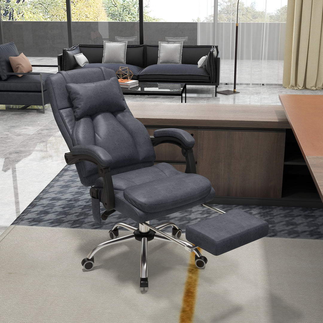 Office Chair with Lumbar Massage, 135° Reclining Computer Chair with Adjustable Headrest, Retractable Footrest, 10cm Double Padded Seat, Microfiber Fabric, Metal Base, Dark Grey