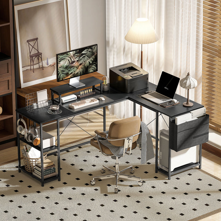 168cm Reversible L Shaped Desk, Industrial Corner Computer Desk with Adjustable Shelf and Storage Bag, 240cm 2 Person PC Table with Monitor Stand, Black
