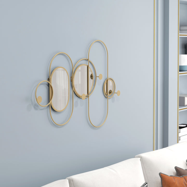 HOMCOM Decorative Metal Wall Mirror with Coat Hooks, Modern Art for Living Room Bedroom, Gold Tone