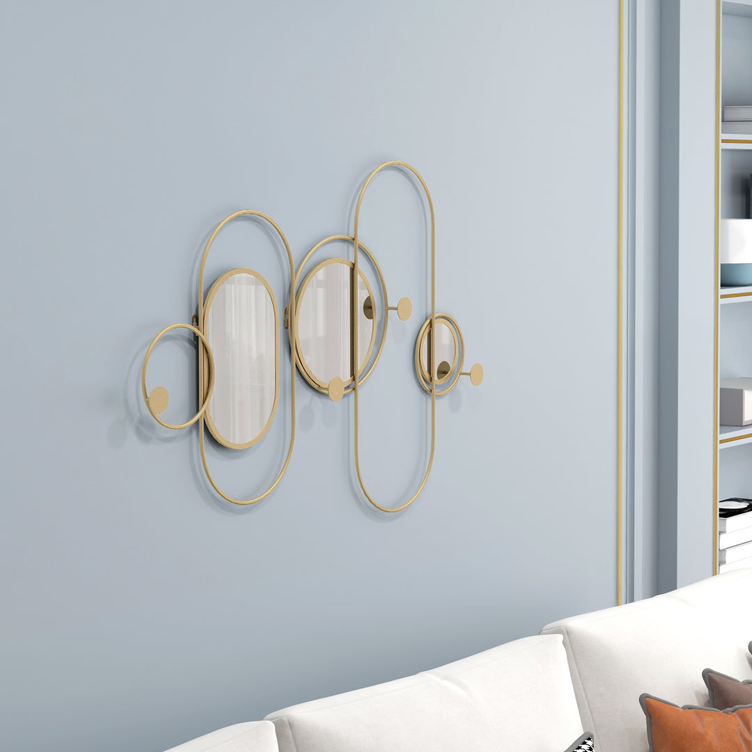 HOMCOM Decorative Metal Wall Mirror with Coat Hooks, Modern Art for Living Room Bedroom, Gold Tone | Aosom UK