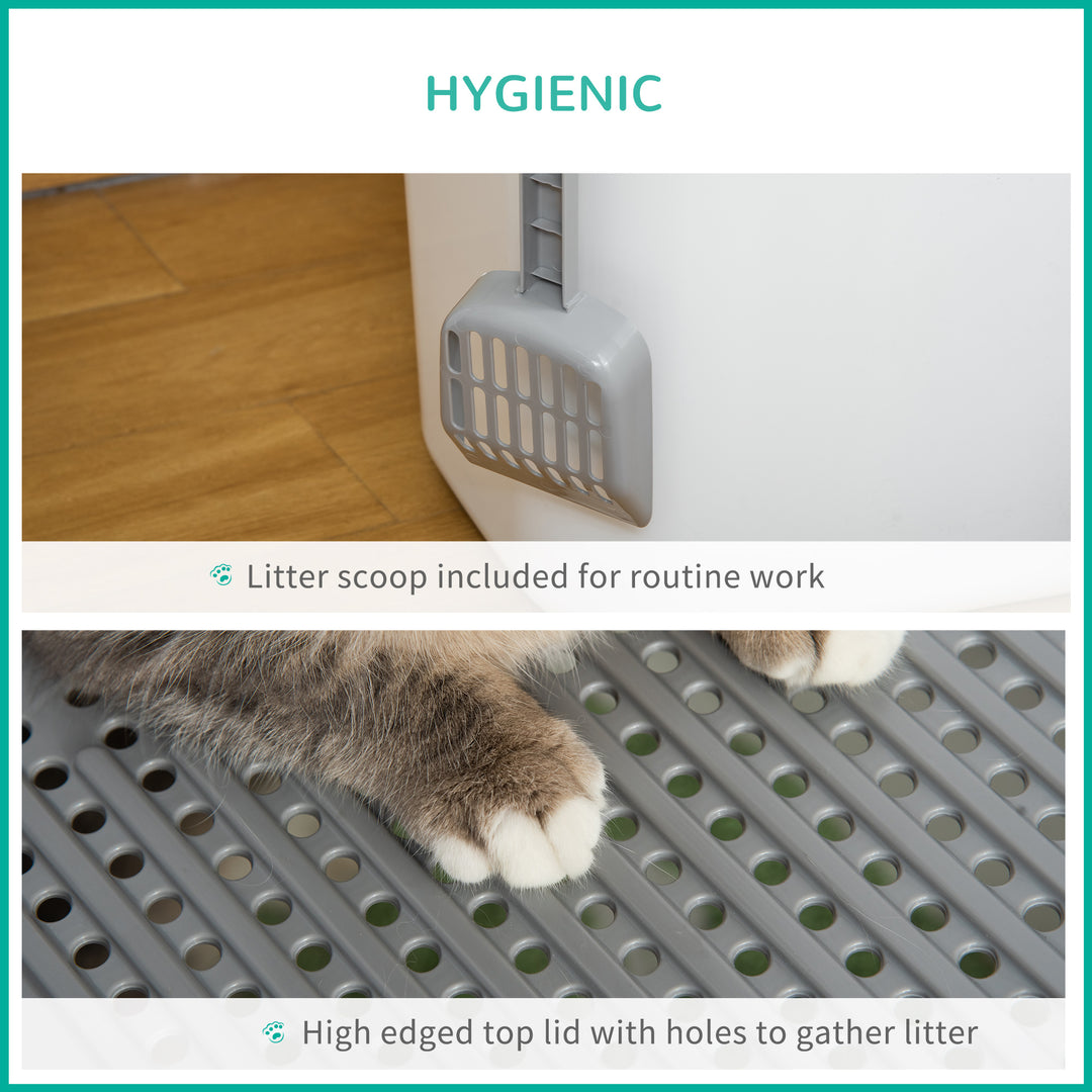 Cat Litter Box, Pet Toilet, Enclosed Kitten Pan with Front Entrance Top Exit, High Side, Scoop, White