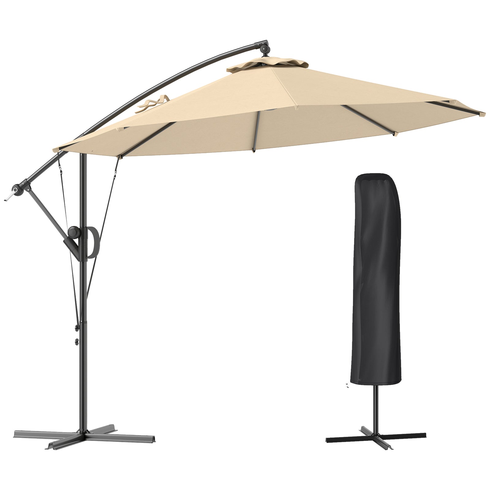 3(m) Garden Cantilever Parasol with Cover and Wind Protection Strap, Round Overhanging Umbrella with Crank Handle and Tilt, Banana Patio Umbrella for Outdoor Sun Shade, UPF50+, Khaki