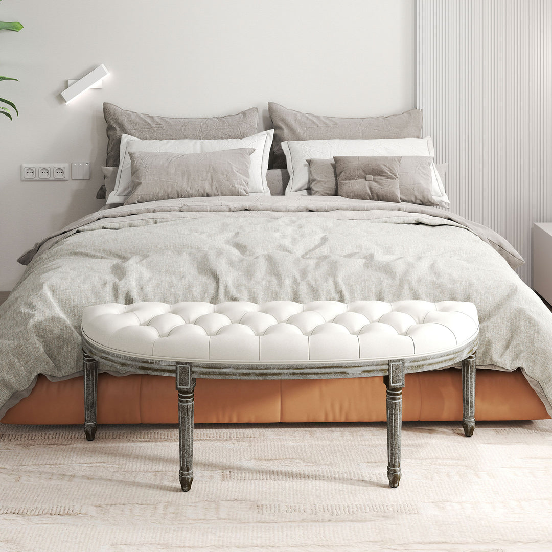 MCL Half-Circle End Bench Ottoman Footstool Tufting Padded Seat Brushed Wood Base Antique Accents Home Seat Furniture Cream White and Light Wood Grain Leg