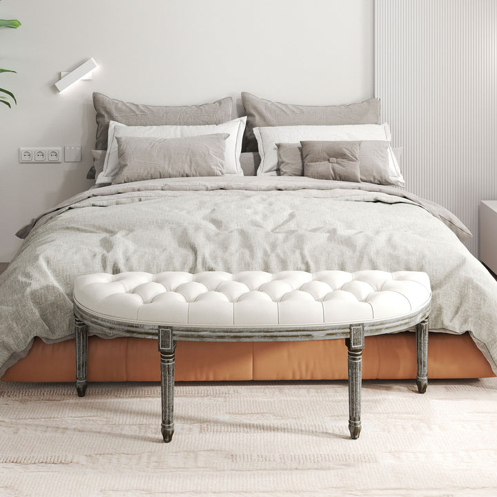 MCL Half-Circle End Bench Ottoman Footstool Tufting Padded Seat Brushed Wood Base Antique Accents Home Seat Furniture Cream White and Light Wood Grain Leg