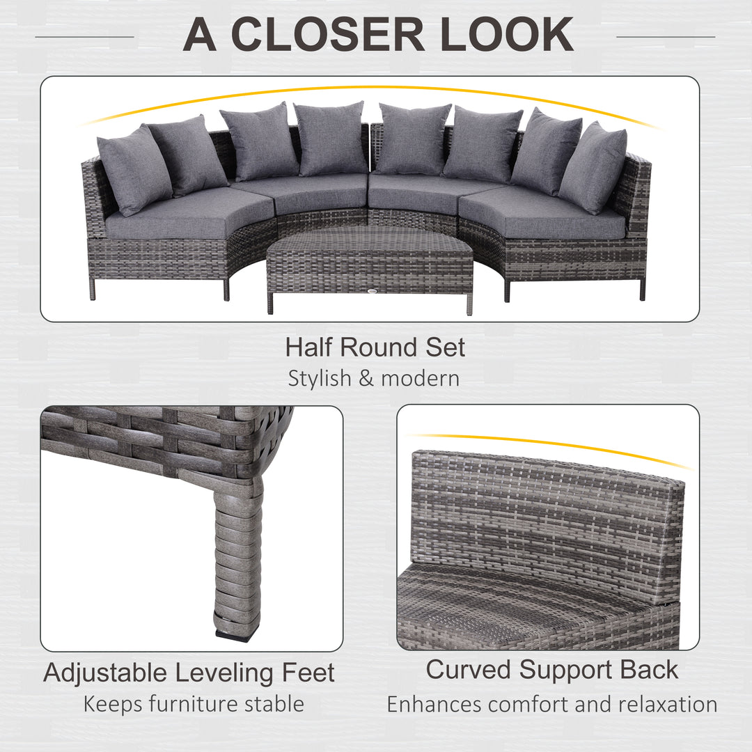 MCL 5 Pieces Rattan Garden Furniture Set, 4 Seater Half-Round Garden Sofa Set with Thickened Cushions, Wicker Conservatory Furniture with 4 Chairs, Rattan Coffee Table and Pillows, Grey