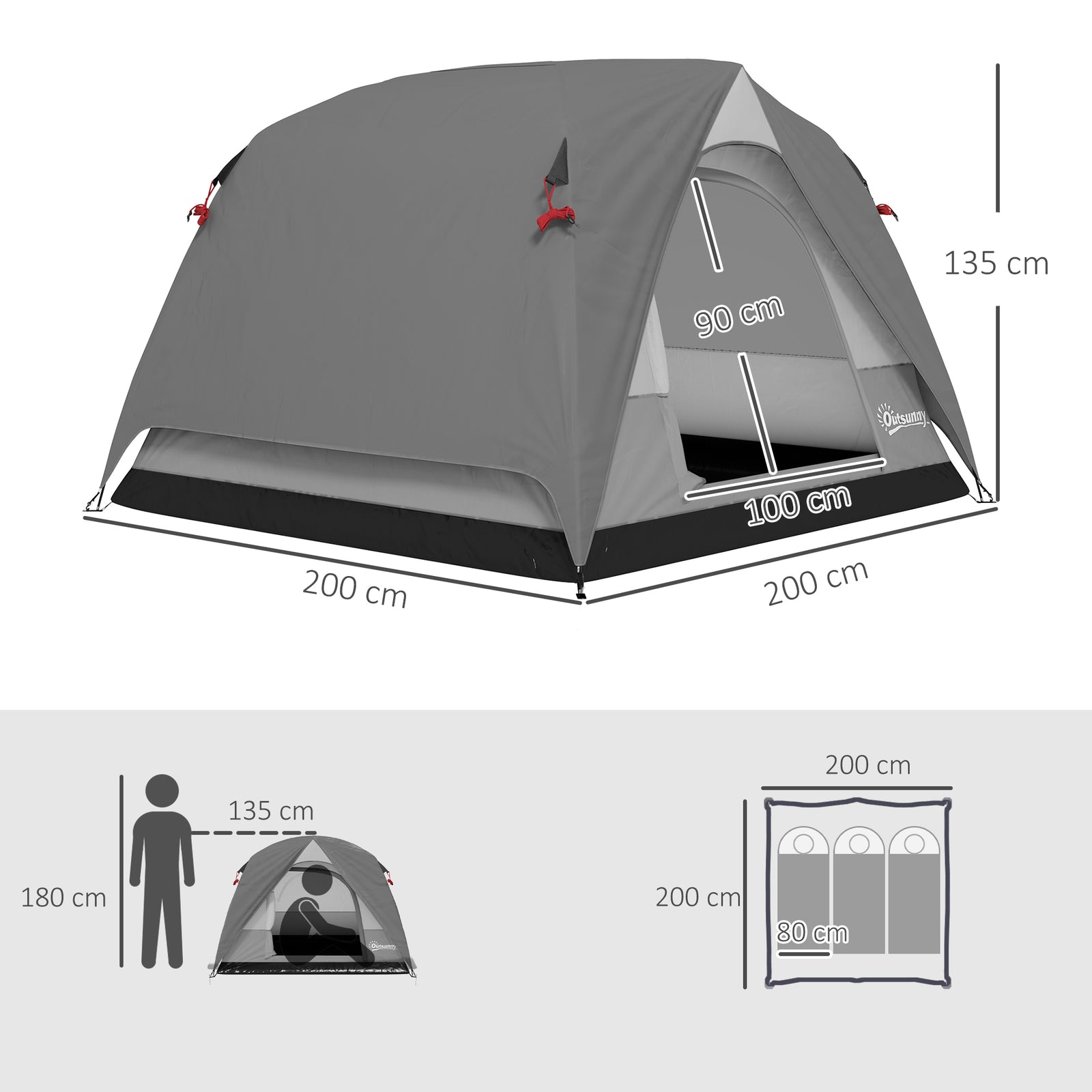3-4 Person Camping Tent, Easy Set Up 3-4 Man Tent w/ Sewn-in Groundshe