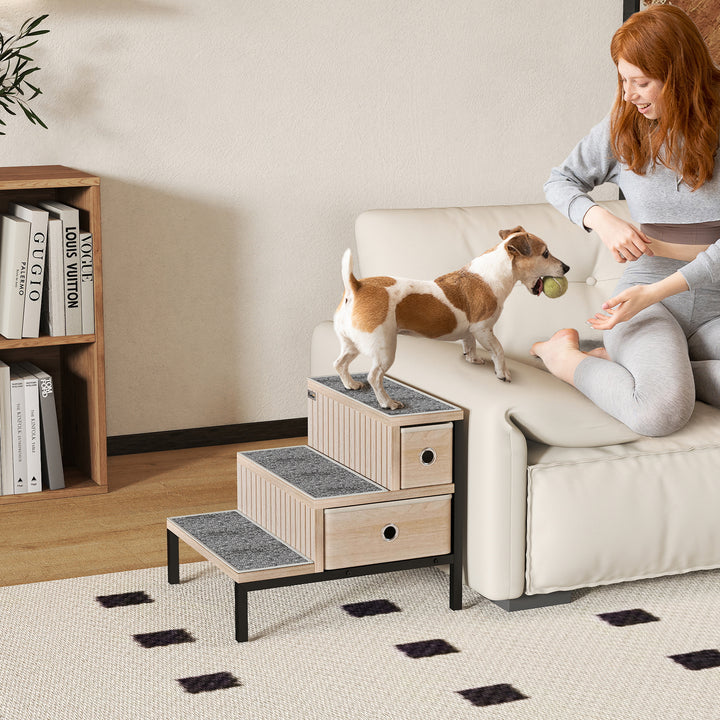 MCL Dog Stairs with Storage, Non-Slip Cover, Pet Steps for Small Dogs & Older Cats, for Sofa, High Bed, Oak Tone