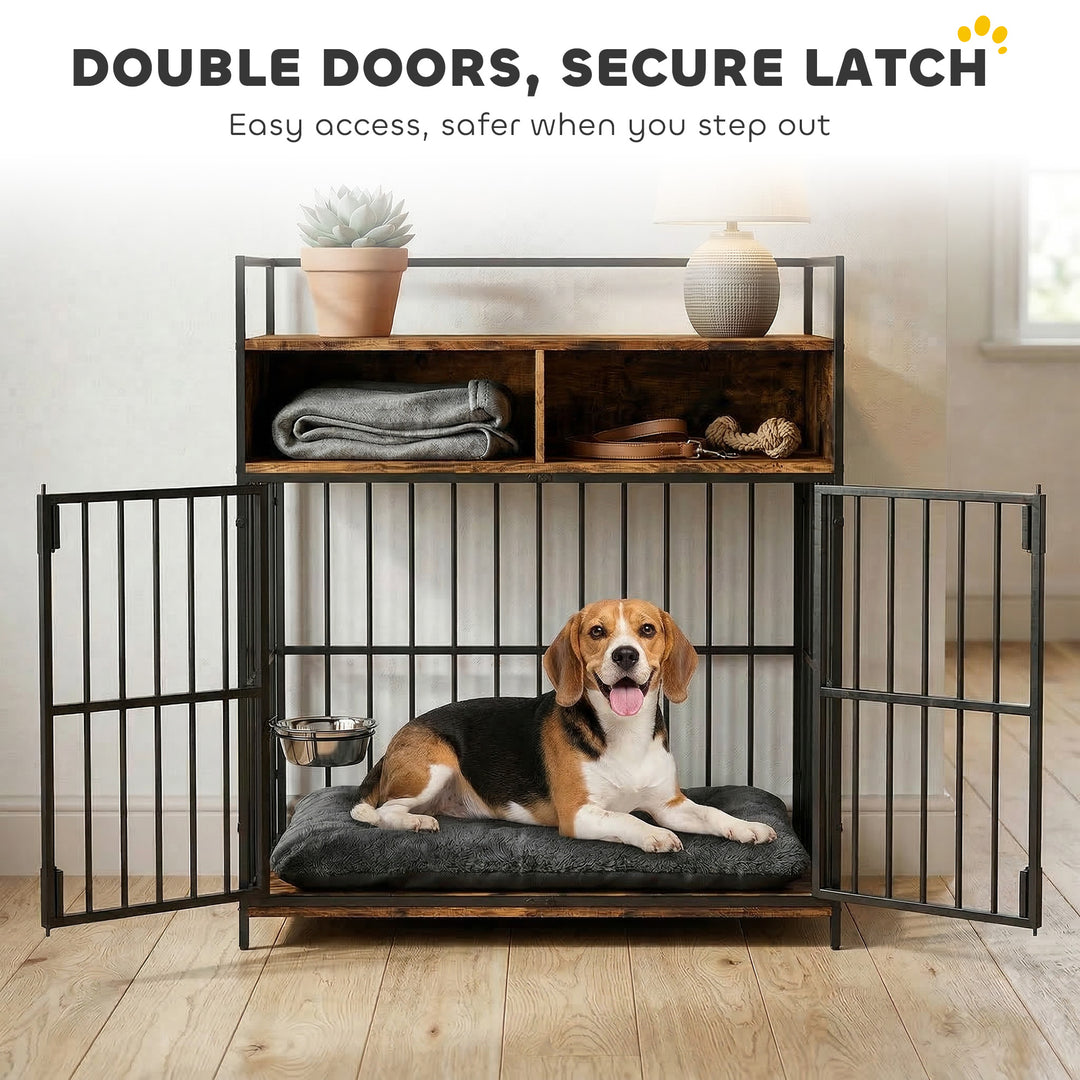 Dog Crate Furniture, Dog Cage with Rotatable Feeding Station and Stora